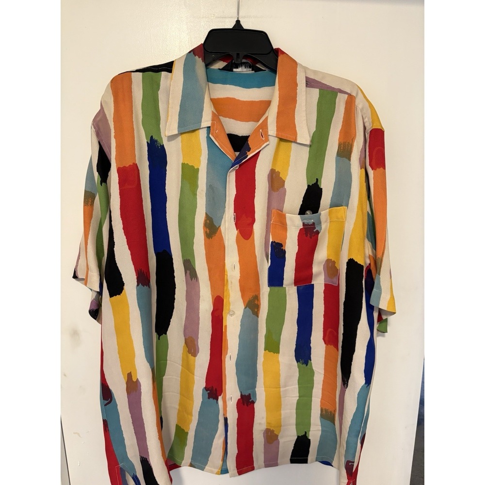 MEN'S GENELLI MULTI COLORED STRIPED SILK SHORT SLEEVE SHIRT - SIZE L